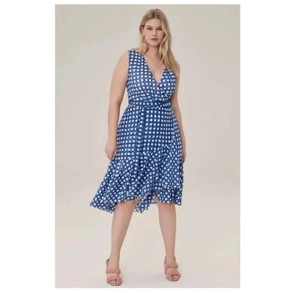Eliza J High Low Blue White Plaid V-Neck Faux Wrap Belted Ruffle Midi Dress 16 - Picture 1 of 11